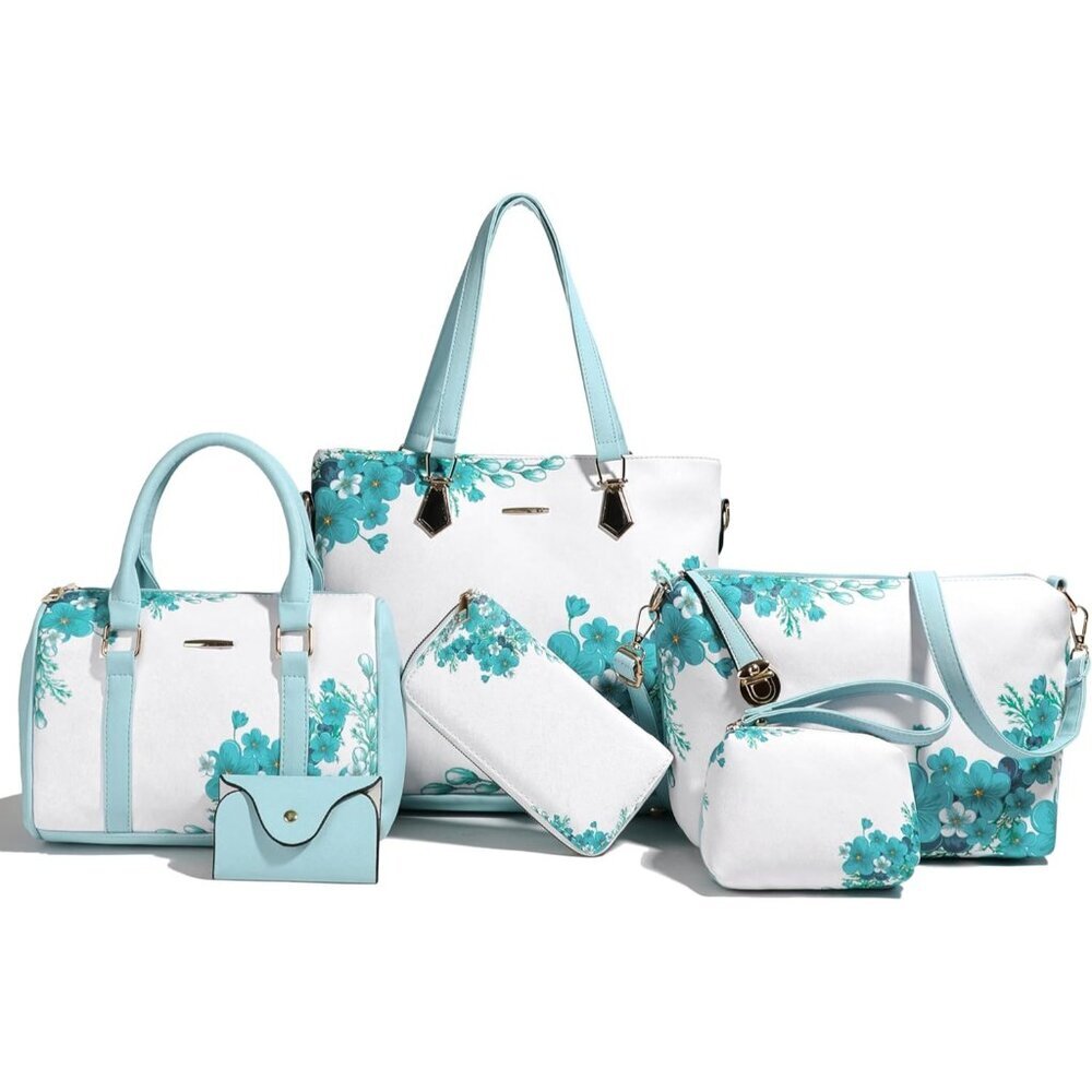 Ⓜ️Women's ice Blue Floral Faux Leather Satchel Shoulder and Hand 6Pcs Purse Sets